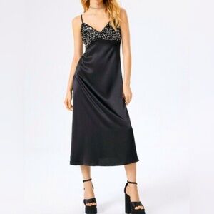 NWT House of Harlow 1960 silver & black Sequin Black Satin Slip Dress sm…